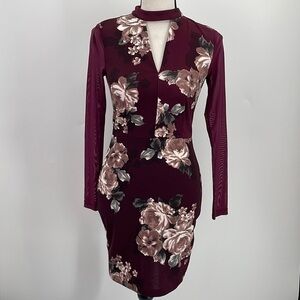 NWT Guess floral long sleeve mini dress size XS maroon